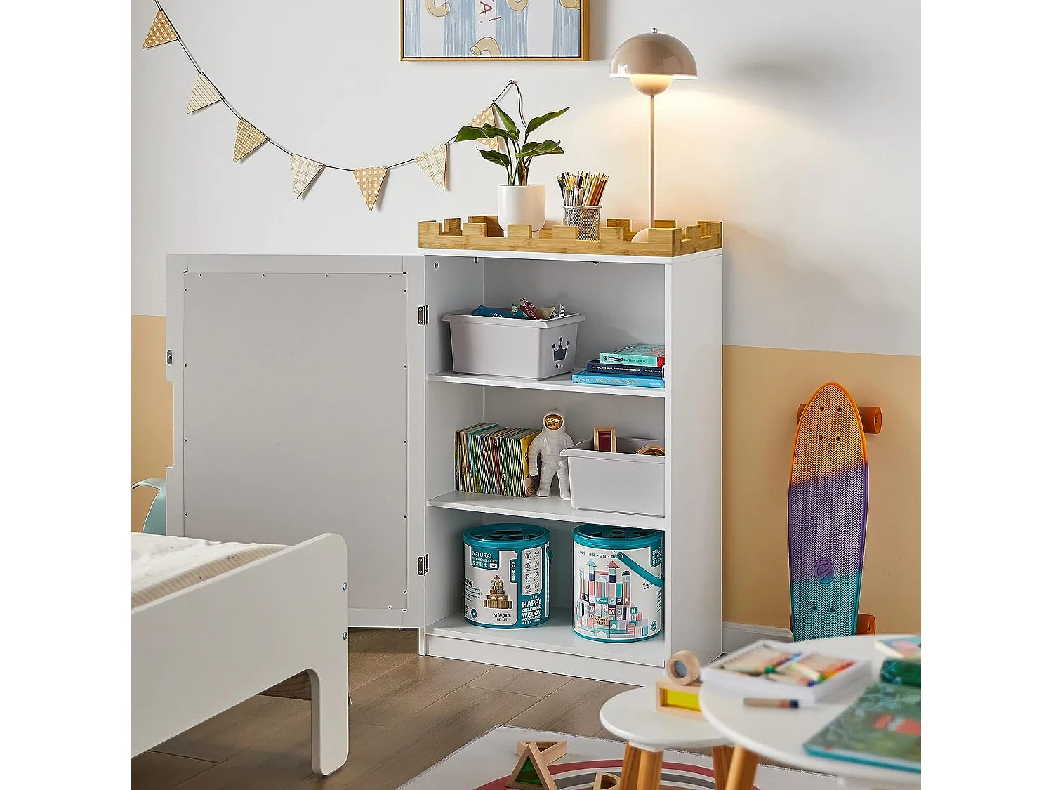 SoBuy KMB43-W Kindercommode Kinderkamerplank met schoolbord Boekenkast Speelgoedplank