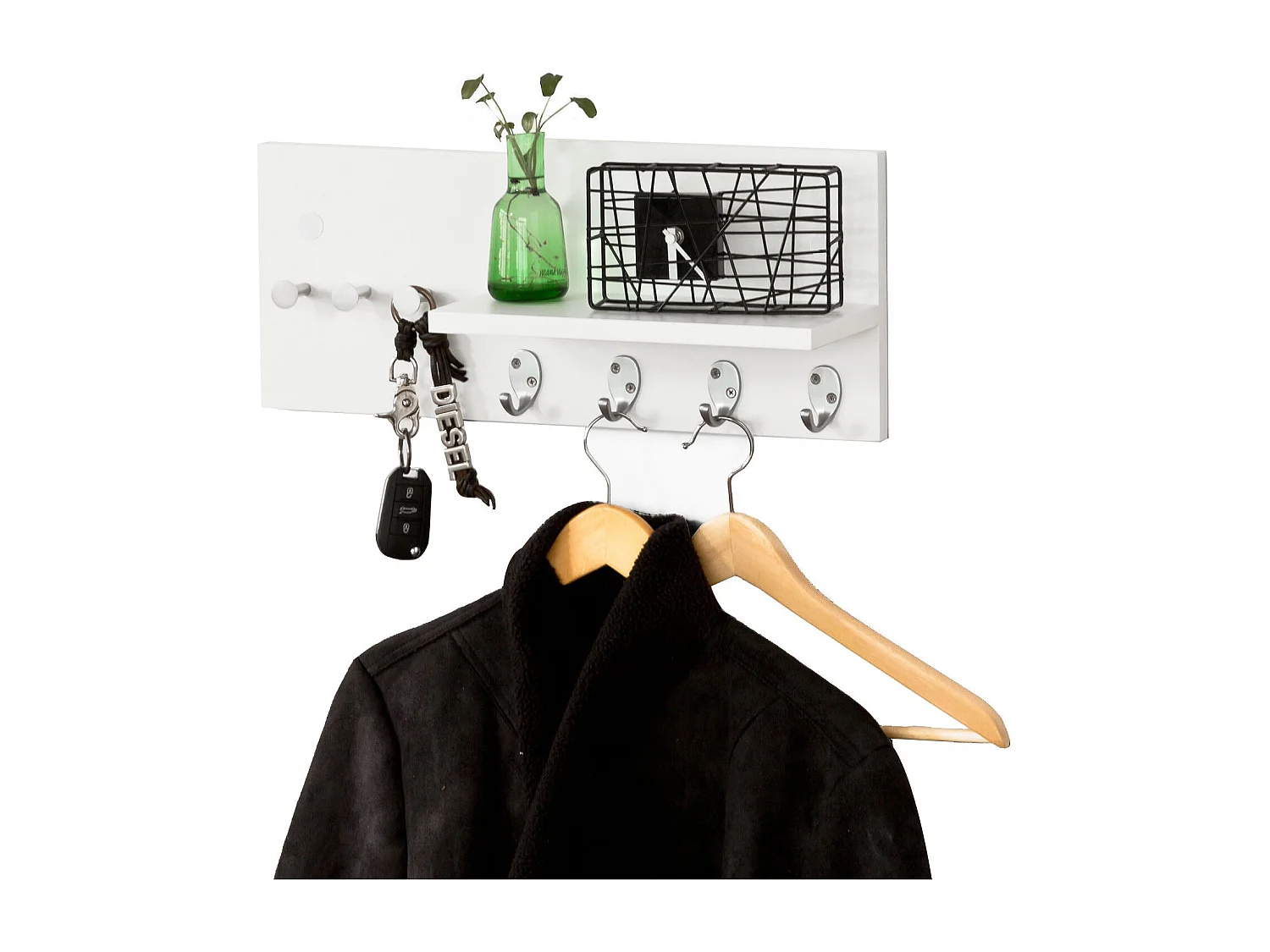 Penderie Porte-manteaux mural, étagère avec 1 tablette et 7 crochets en Inox Acier, FRG54-W