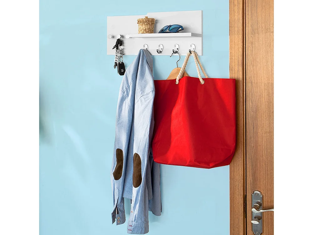 Penderie Porte-manteaux mural, étagère avec 1 tablette et 7 crochets en Inox Acier, FRG54-W