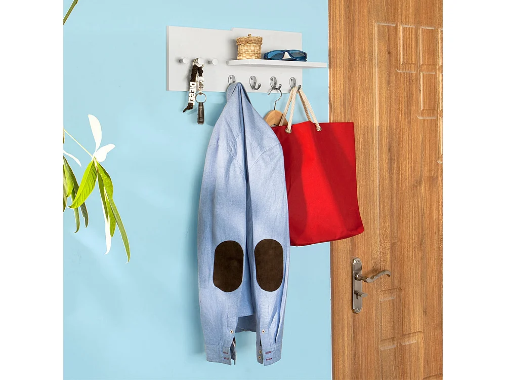 Penderie Porte-manteaux mural, étagère avec 1 tablette et 7 crochets en Inox Acier, FRG54-W