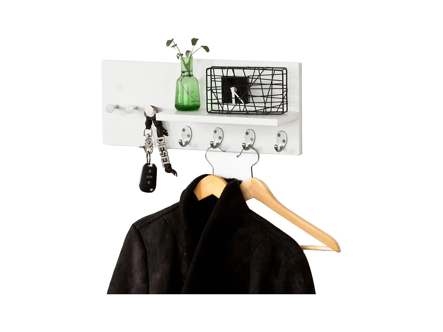 Penderie Porte-manteaux mural, étagère avec 1 tablette et 7 crochets en Inox Acier, FRG54-W