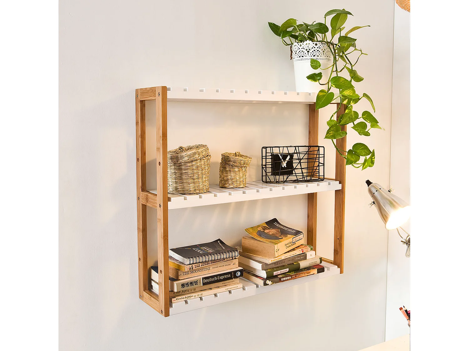 Meuble de Rangement pour salle de bain toilettes, Cuisine, 3 niveaux avec 2 crochets, FRG28-WN