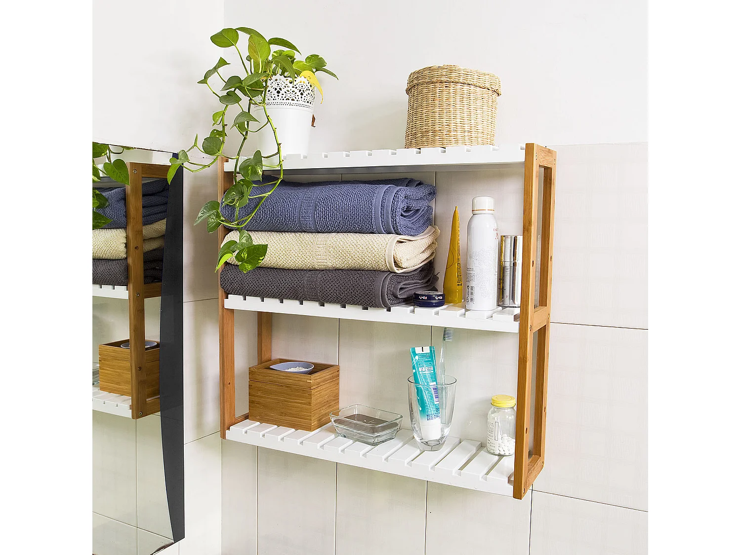 Meuble de Rangement pour salle de bain toilettes, Cuisine, 3 niveaux avec 2 crochets, FRG28-WN
