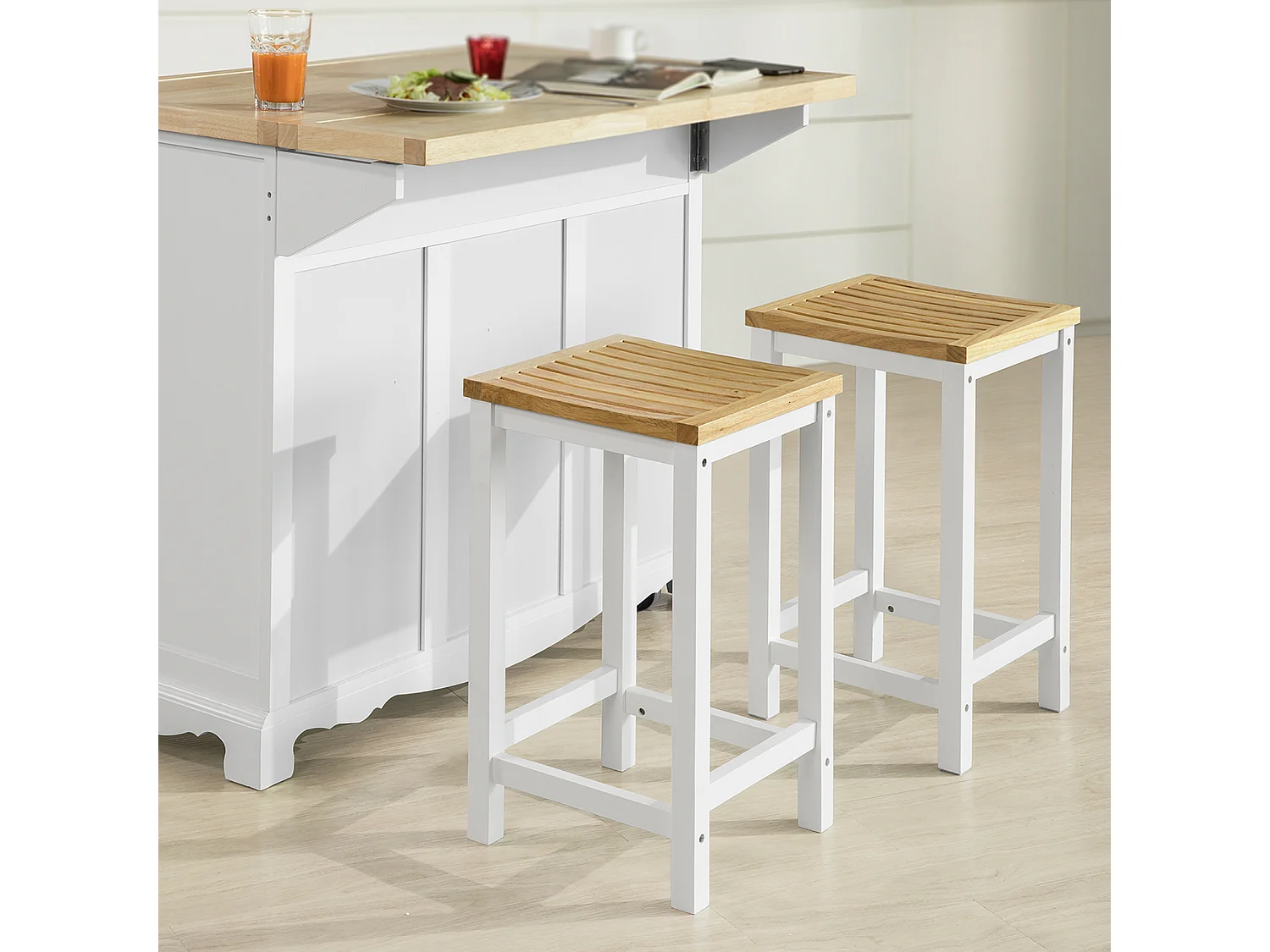 2 x Taburetes de Bar Cuadrado Silla Cocina Madera de Caucho y Pino Blanco FST29-WNx2 SoBuy ES