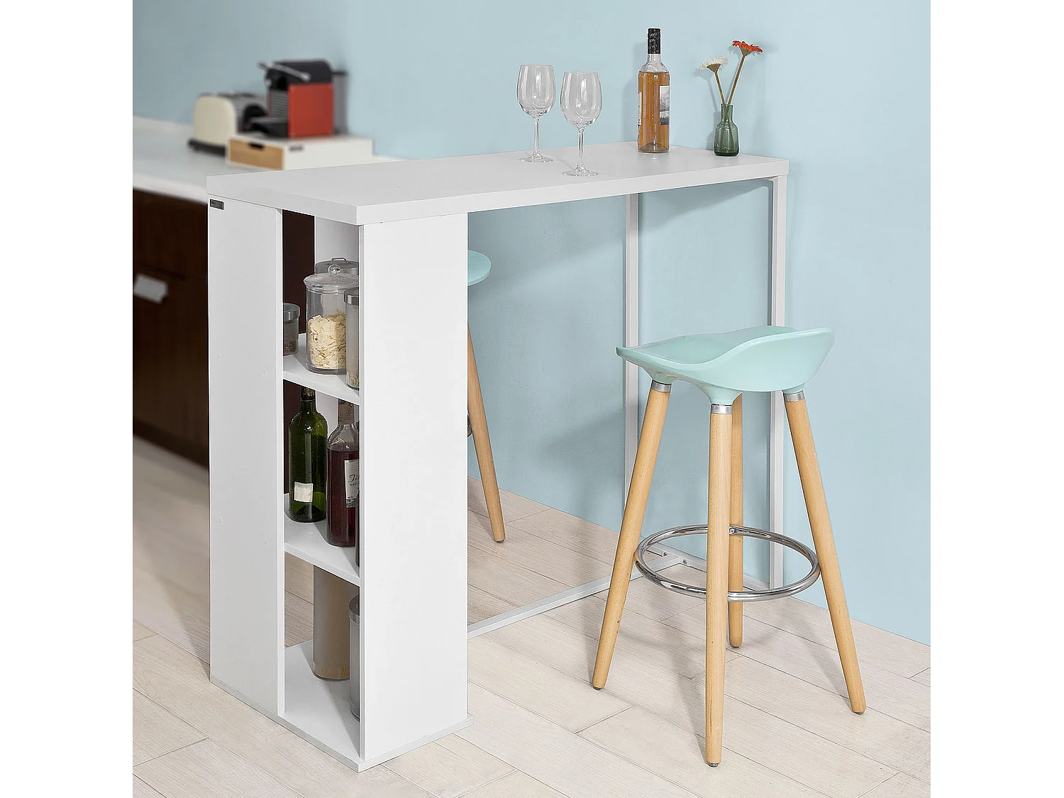 Table Haute de Bar Mange-debout Cuisine avec 3 étagères de rangements – Blanc,  FWT39-W