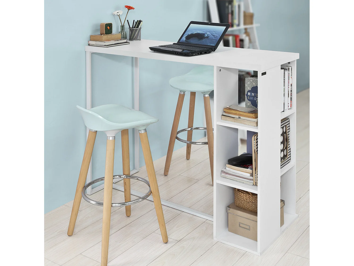 Table Haute de Bar Mange-debout Cuisine avec 3 étagères de rangements – Blanc,  FWT39-W
