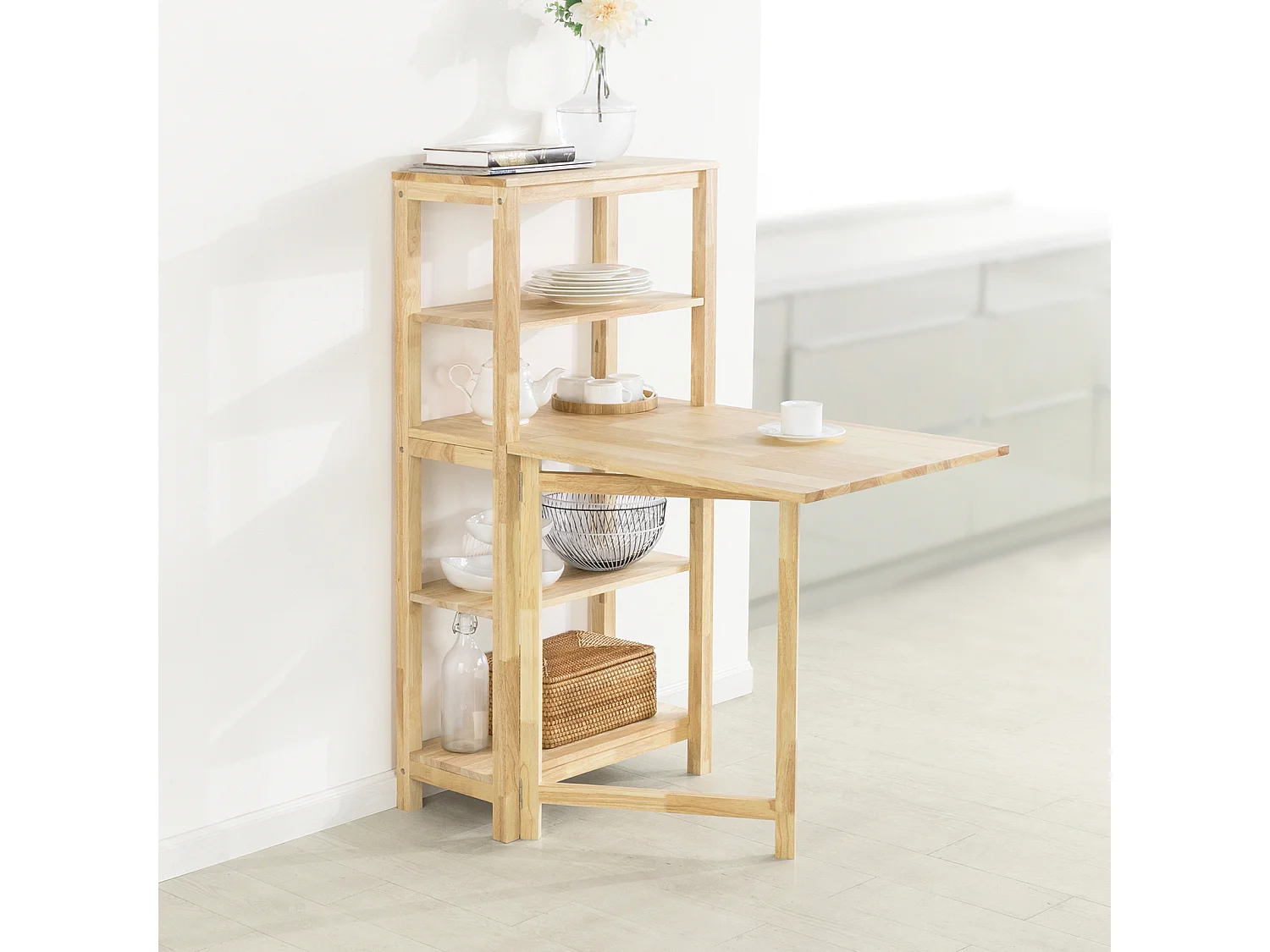 Table de Salle à Manger Pliante avec étagère en Bois d'hévéa pour Cuisine Salle à Manger
