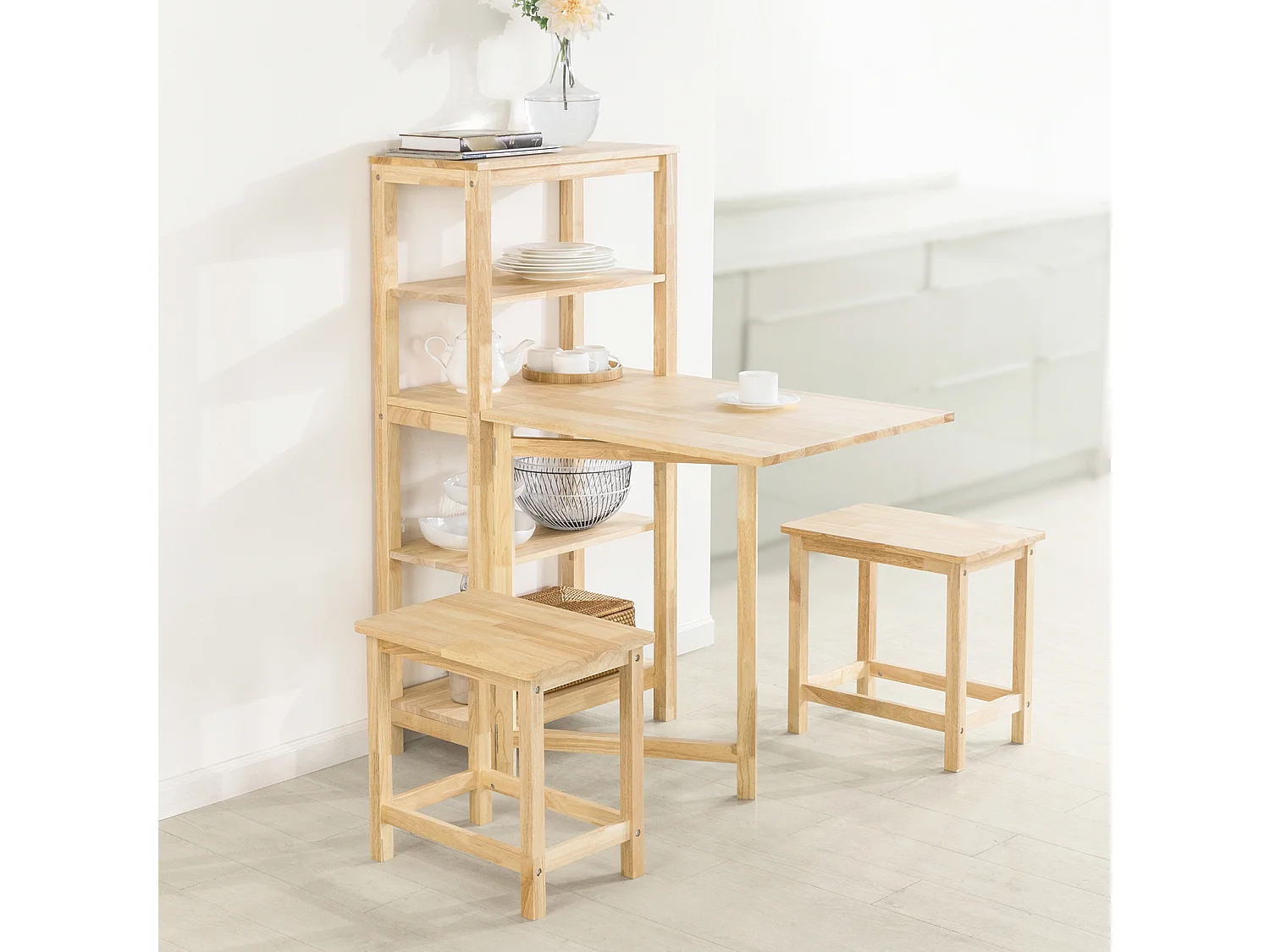 Table de Salle à Manger Pliante avec étagère en Bois d'hévéa pour Cuisine Salle à Manger