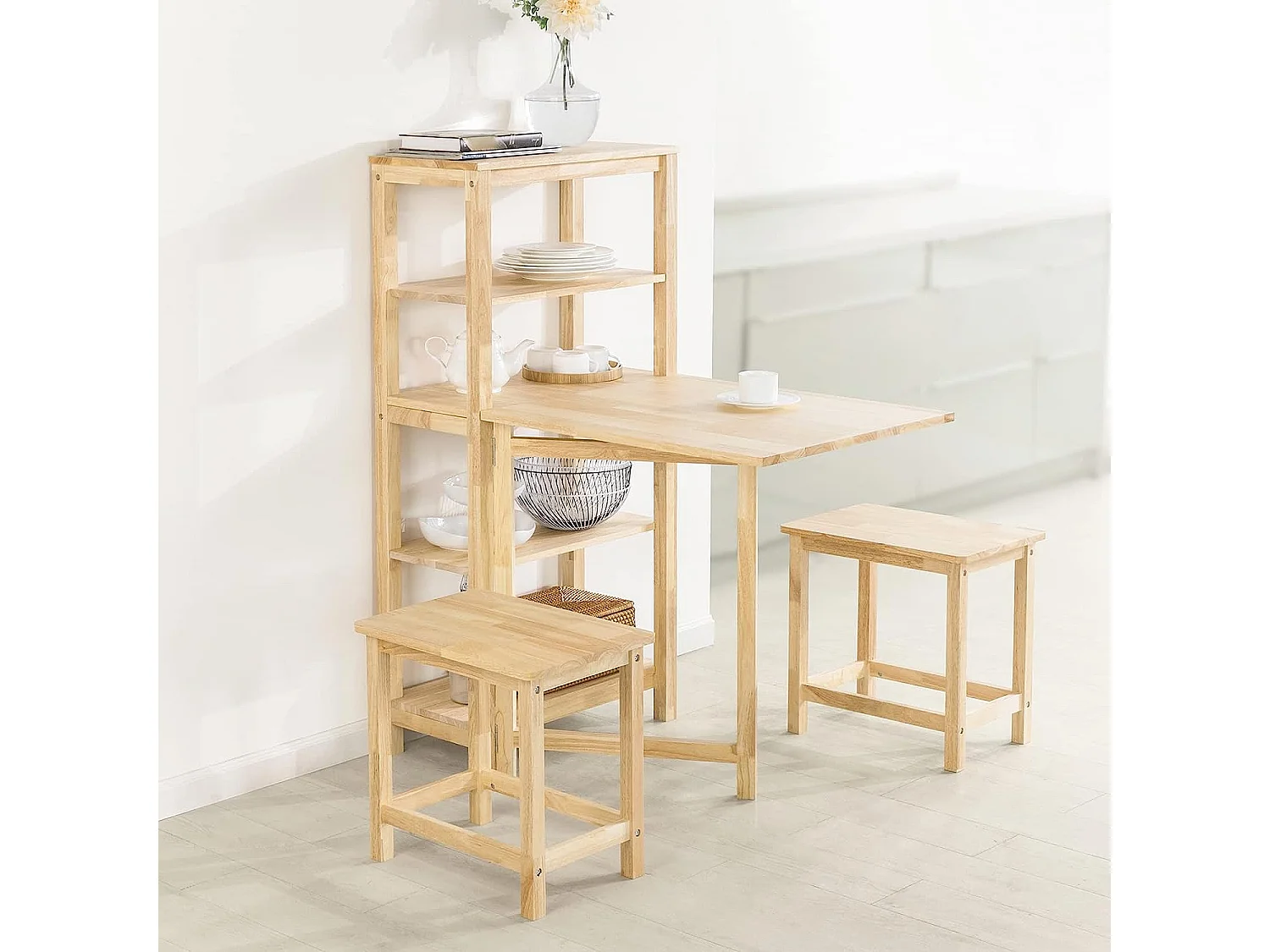 Table de Salle à Manger Pliante avec étagère en Bois d'hévéa pour Cuisine Salle à Manger