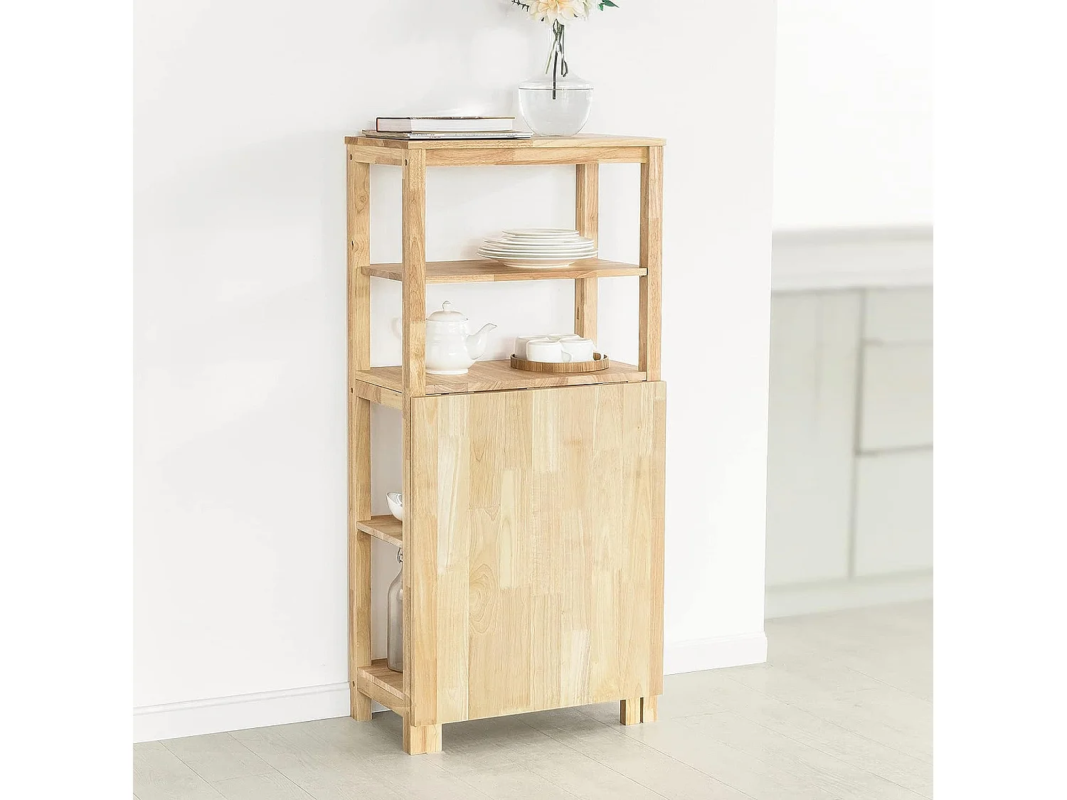 Table de Salle à Manger Pliante avec étagère en Bois d'hévéa pour Cuisine Salle à Manger