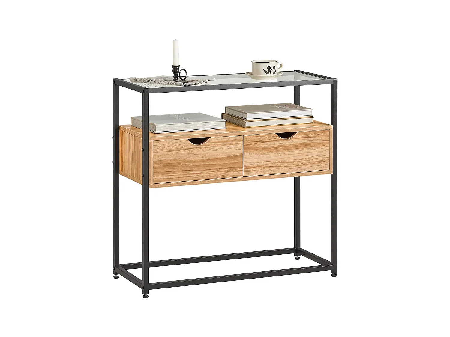 Table Console, Table d’Entrée, Meuble d’Entrée avec 2 Tiroirs Surface en Verre Transparent, FSB54-N