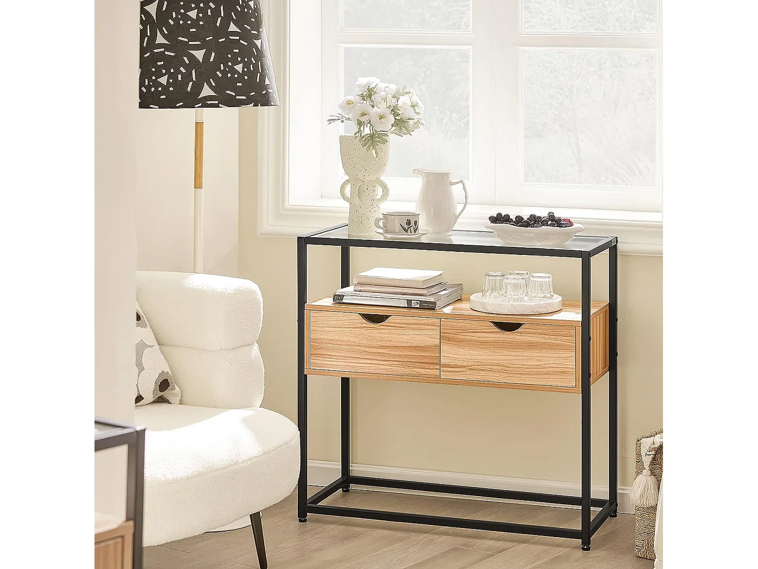 Table Console, Table d’Entrée, Meuble d’Entrée avec 2 Tiroirs Surface en Verre Transparent, FSB54-N