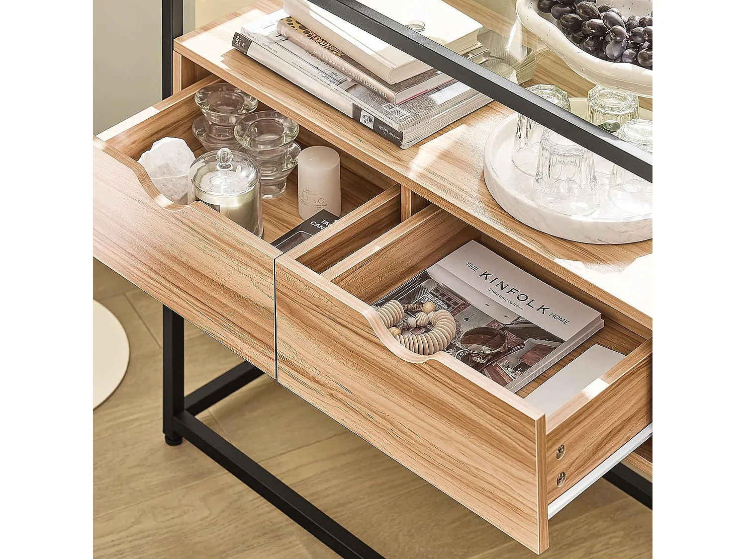 Table Console, Table d’Entrée, Meuble d’Entrée avec 2 Tiroirs Surface en Verre Transparent, FSB54-N