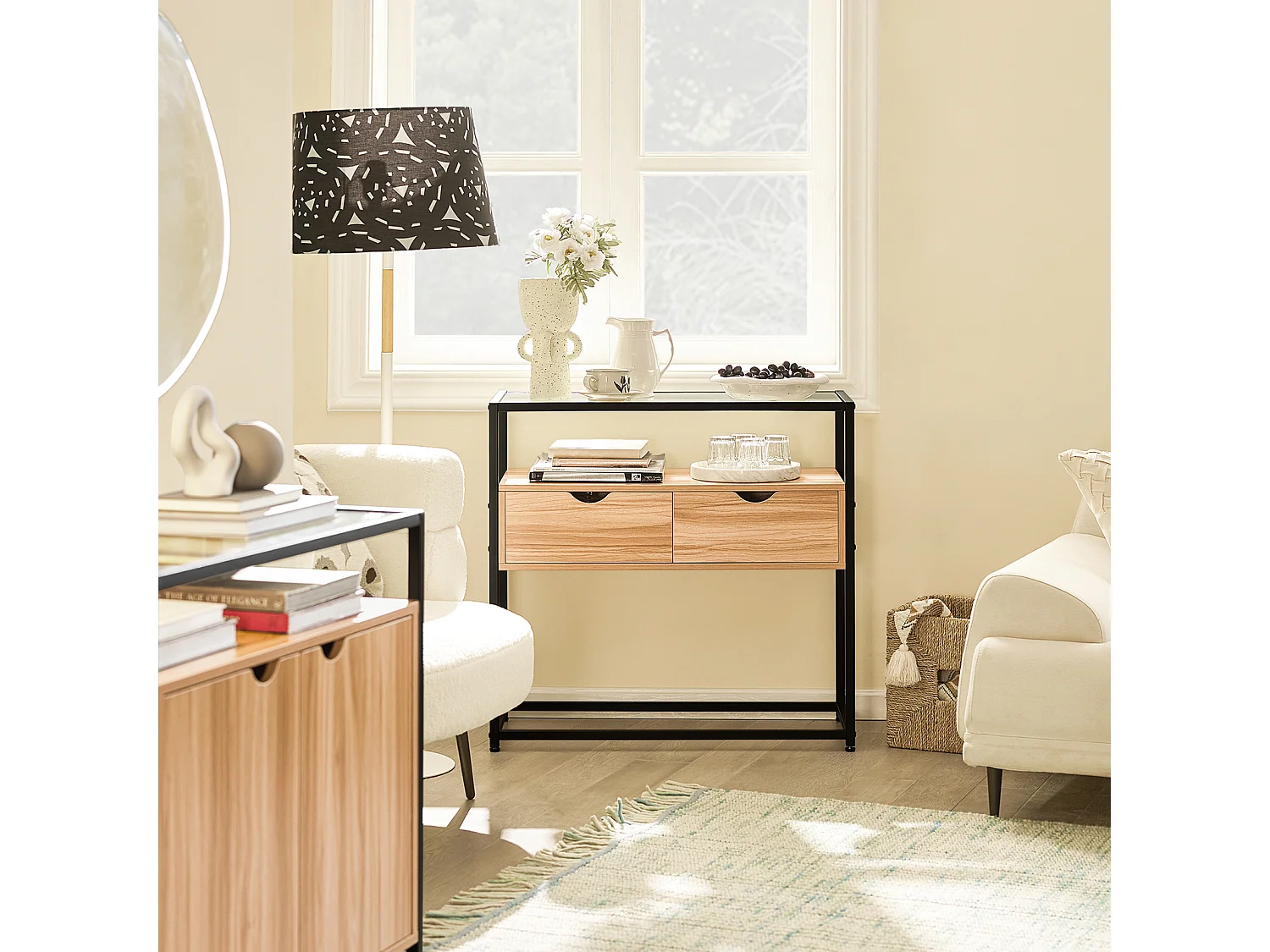 Table Console, Table d’Entrée, Meuble d’Entrée avec 2 Tiroirs Surface en Verre Transparent, FSB54-N