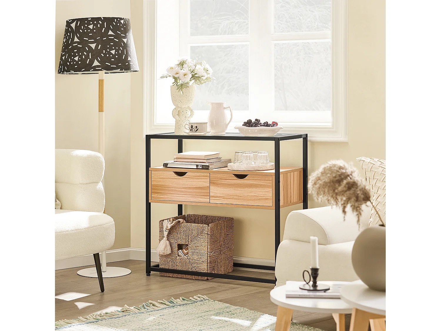 Table Console, Table d’Entrée, Meuble d’Entrée avec 2 Tiroirs Surface en Verre Transparent, FSB54-N