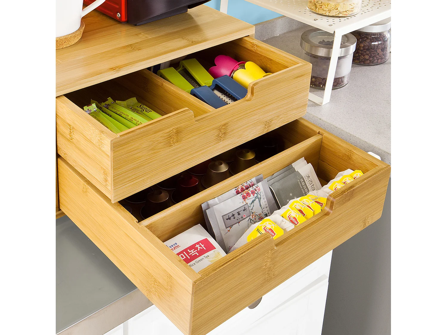 SoBuy FRG82-N Capsulehouder met 2 lades Duurzaam bamboe Opberglade Koffiecapsule houder Nespresso