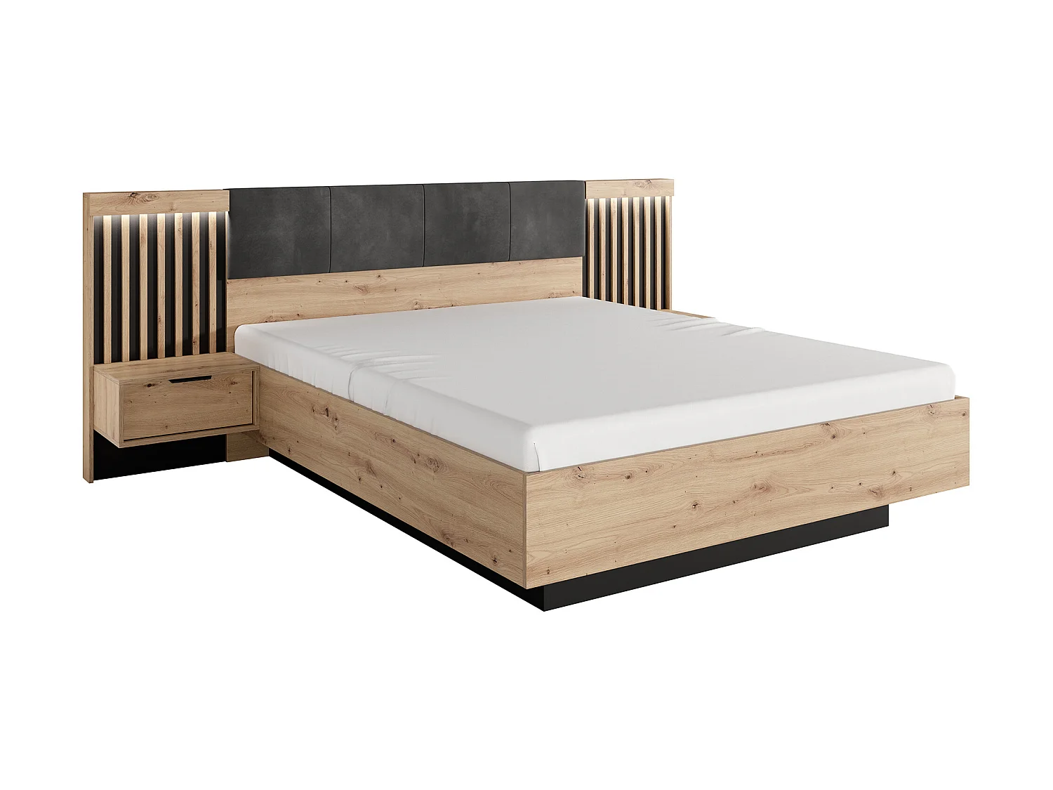 Cama con mesitas de noche 160 x 200 cm - Con LEDs - Color: Natural y negro + Somier - ARIADA