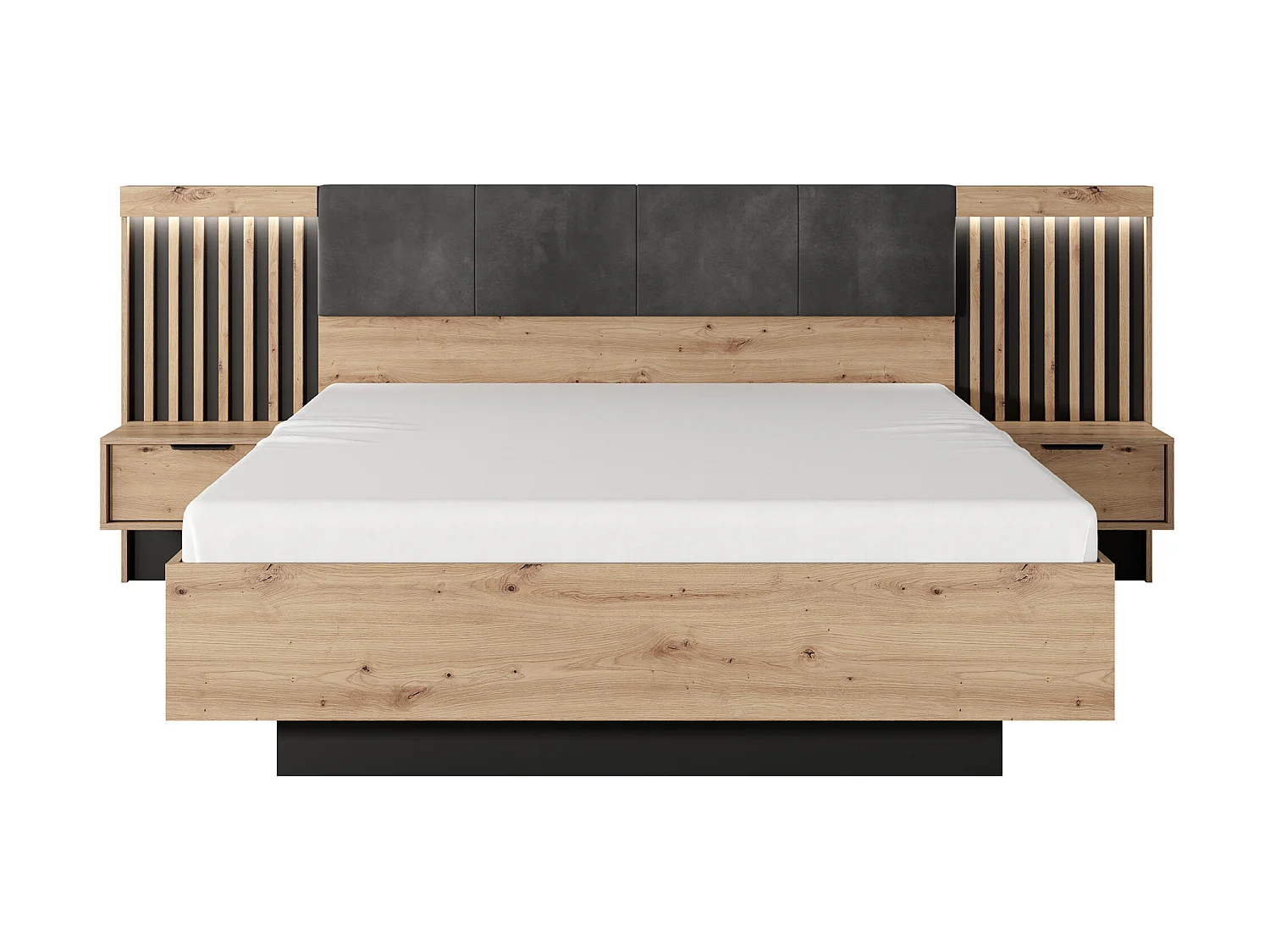 Cama con mesitas de noche 160 x 200 cm - Con LEDs - Color: Natural y negro + Somier - ARIADA