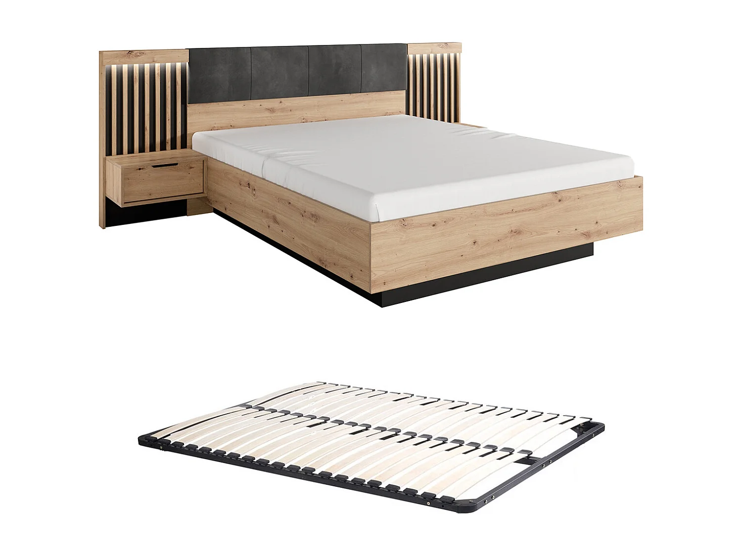 Cama con mesitas de noche 160 x 200 cm - Con LEDs - Color: Natural y negro + Somier - ARIADA