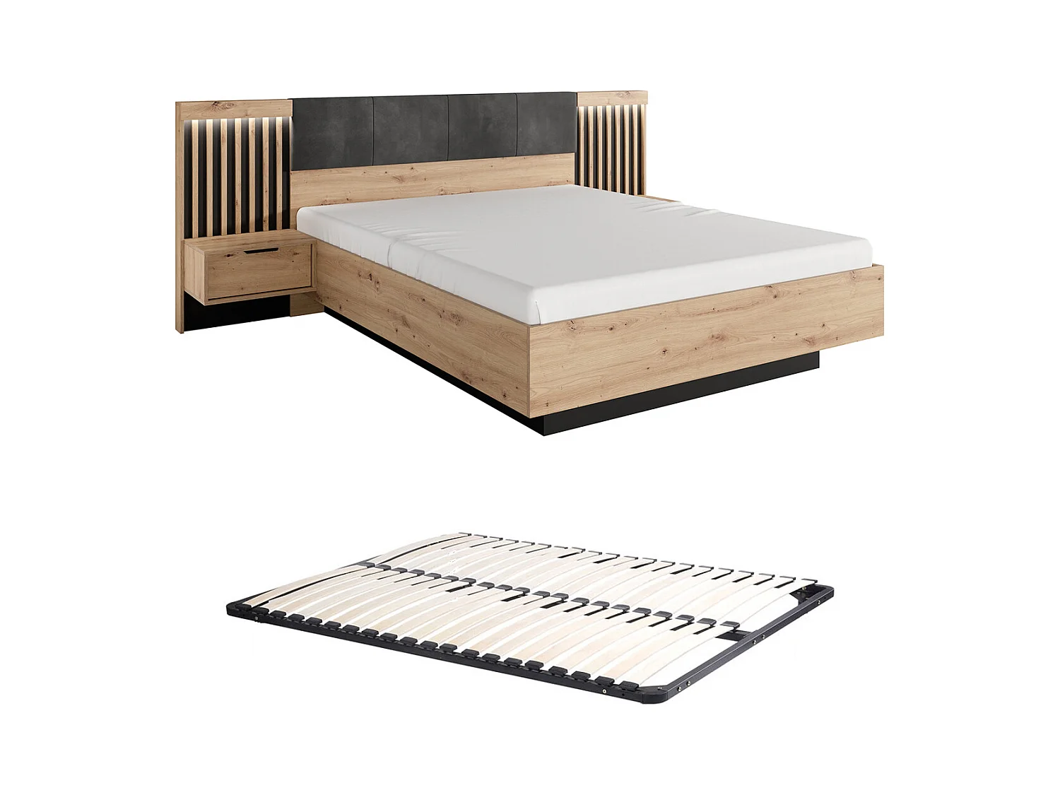 Bett mit Nachttischen & Lattenrost & LED-Beleuchtung - 160 x 200 cm - Holzfarben & Schwarz - ARIADA