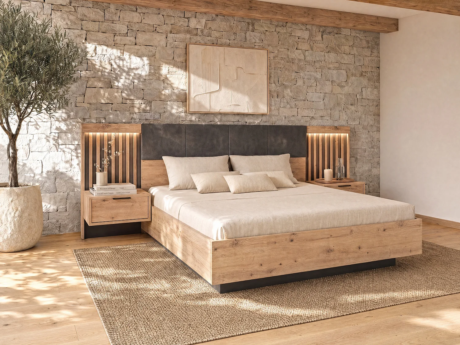 Lit avec chevets 160 x 200 cm - Avec LEDs - Coloris : Naturel et noir + Sommier - ARIADA