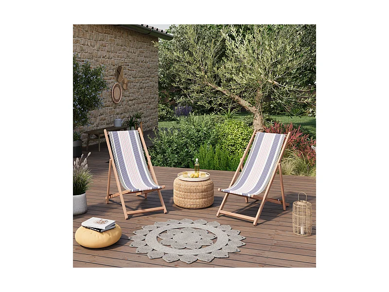 Lot de 2 chiliennes pliantes réglables - Structure hêtre toile 100 % acrylique amovible - SANTORIN