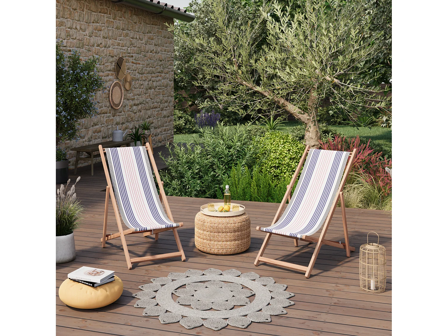 Lot de 2 chiliennes pliantes réglables - Structure hêtre toile 100 % acrylique amovible - SANTORIN