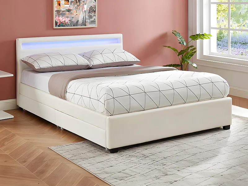 Lit 140 x 190 cm avec rangements - Simili blanc avec LEDs - ALOIS II