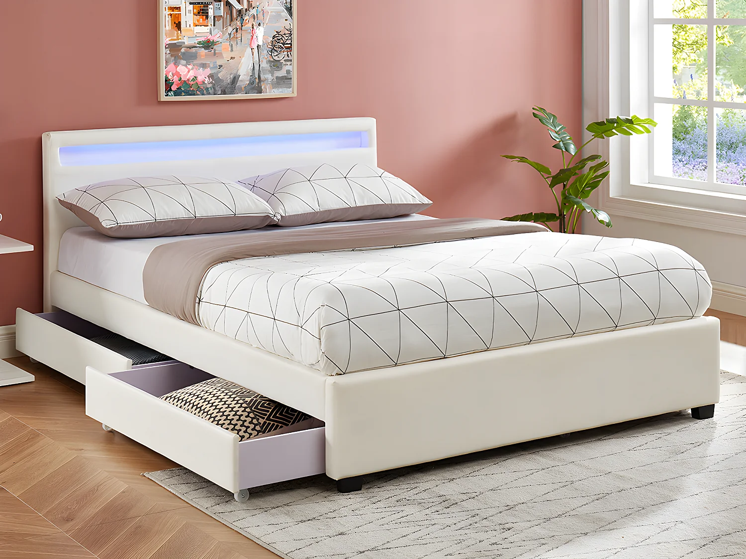 Cama com arrumação de 140x190cm em pele sintética branca com LEDs - ALOIS