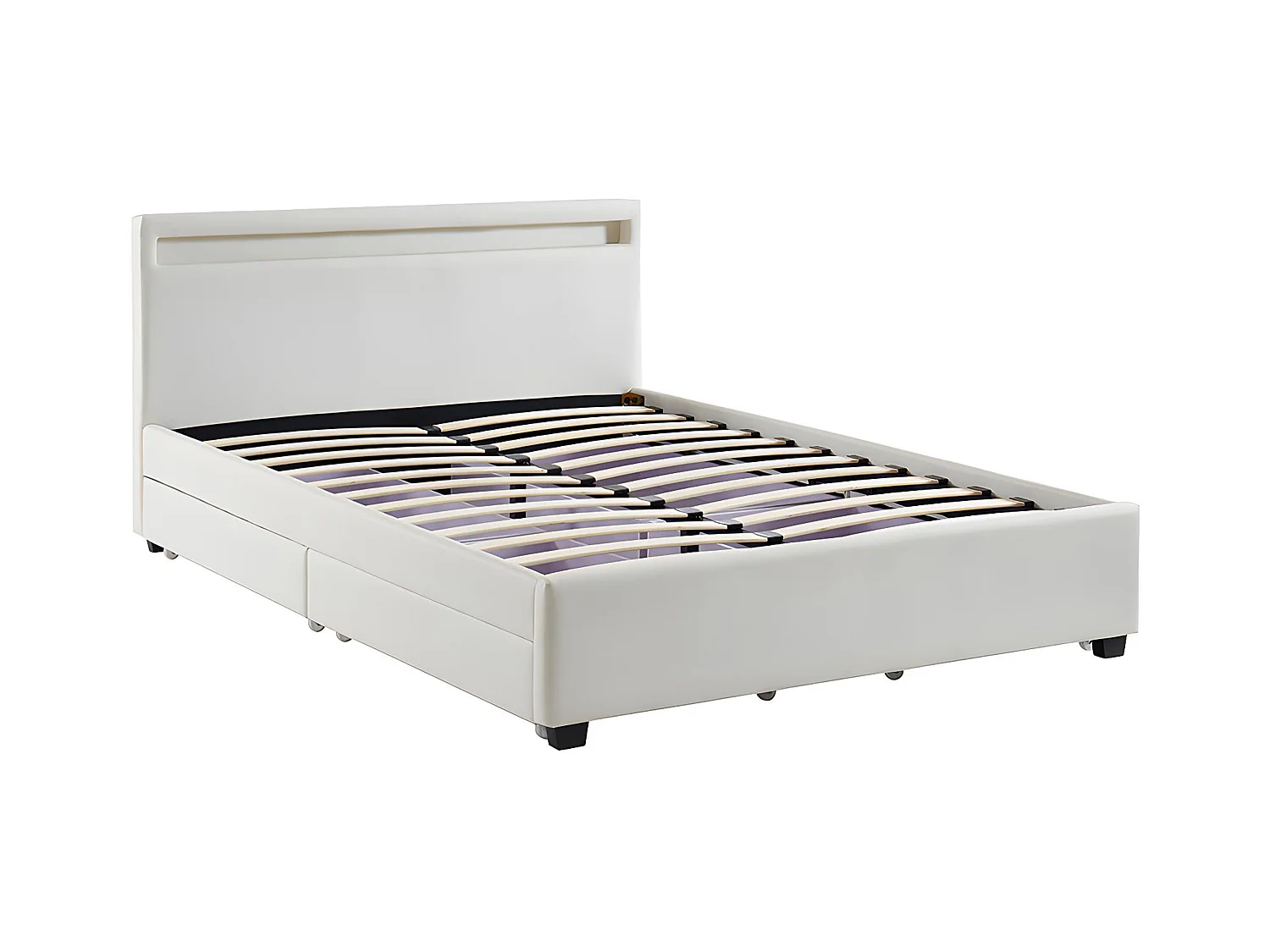 Cama com arrumação de 140x190cm em pele sintética branca com LEDs - ALOIS