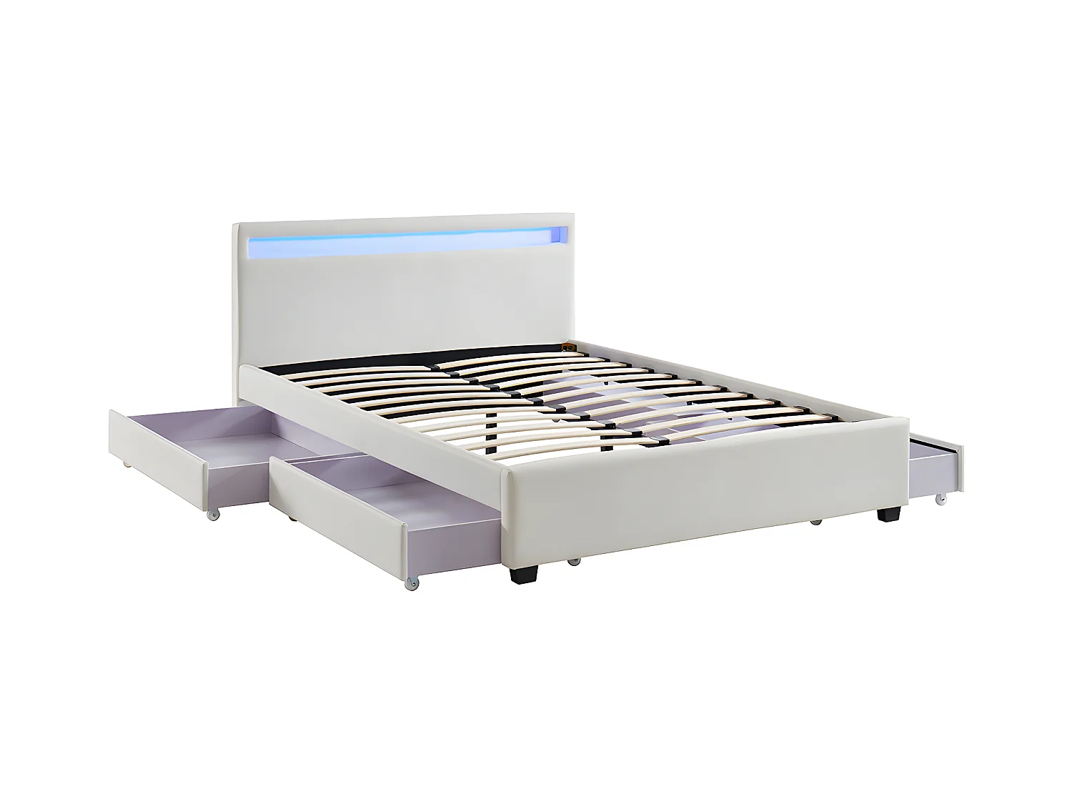 Cama com arrumação de 140x190cm em pele sintética branca com LEDs - ALOIS