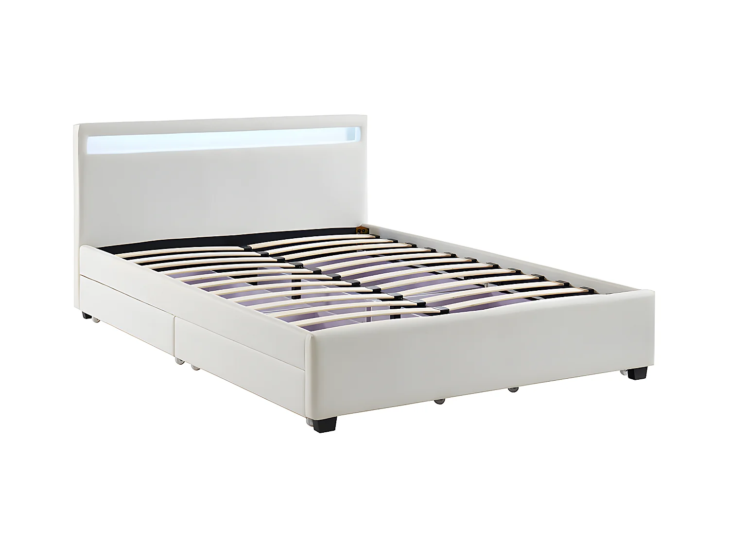 Cama com arrumação de 140x190cm em pele sintética branca com LEDs - ALOIS