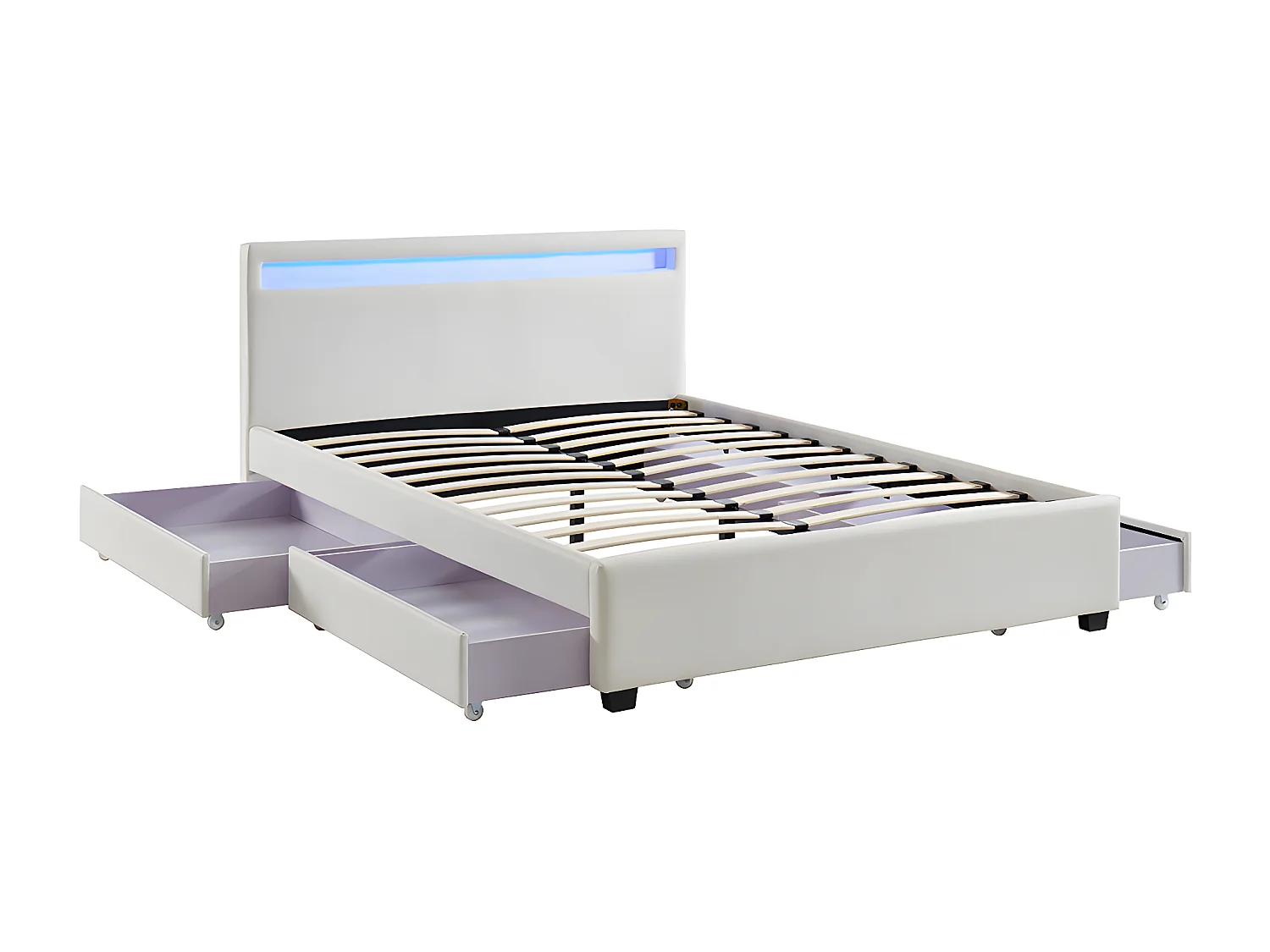 Lit 140 x 190 cm avec rangements - Simili blanc avec LEDs - ALOIS II