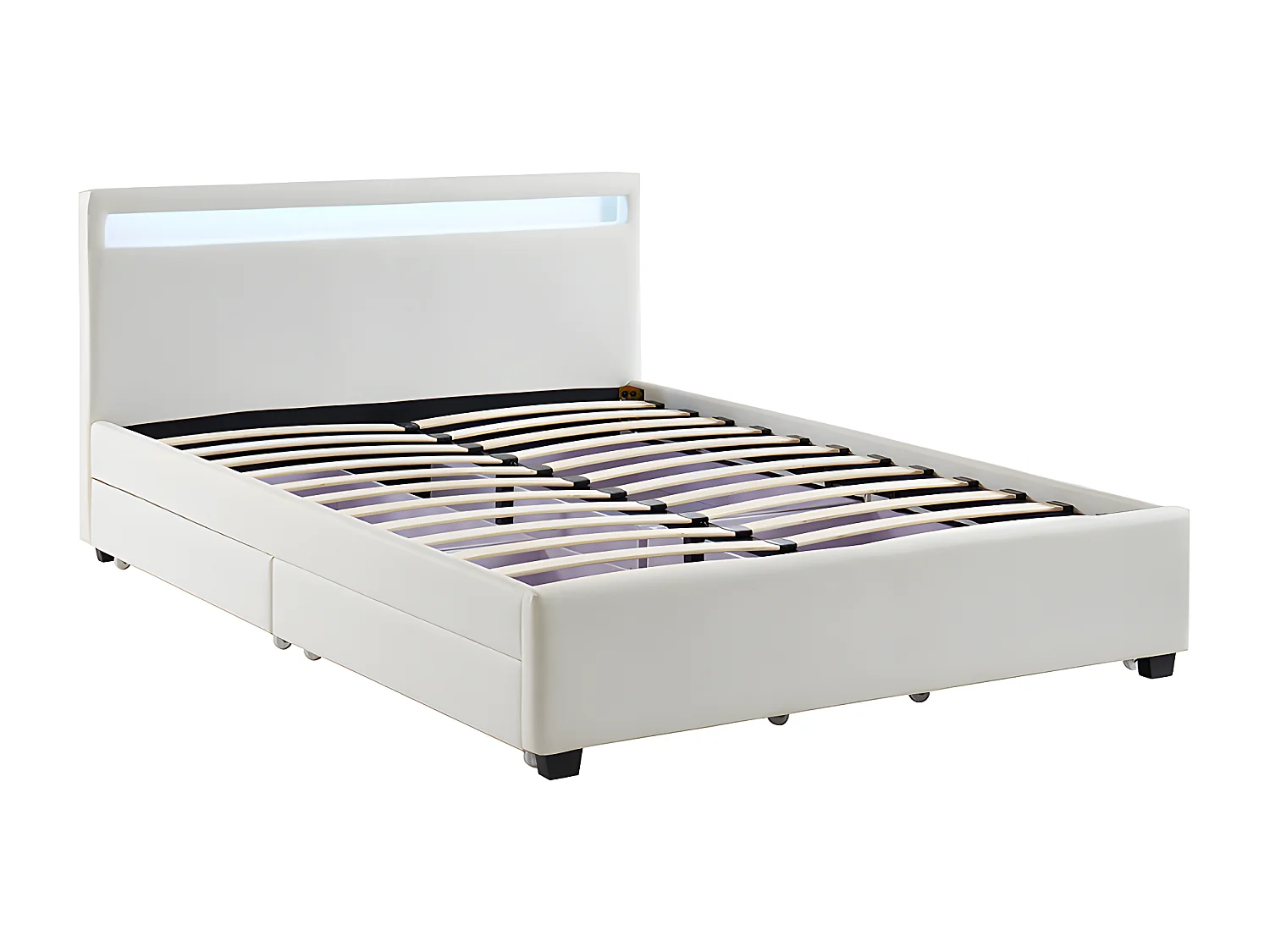 Lit 160 x 200 cm avec rangements - Simili blanc avec LEDs - ALOIS II