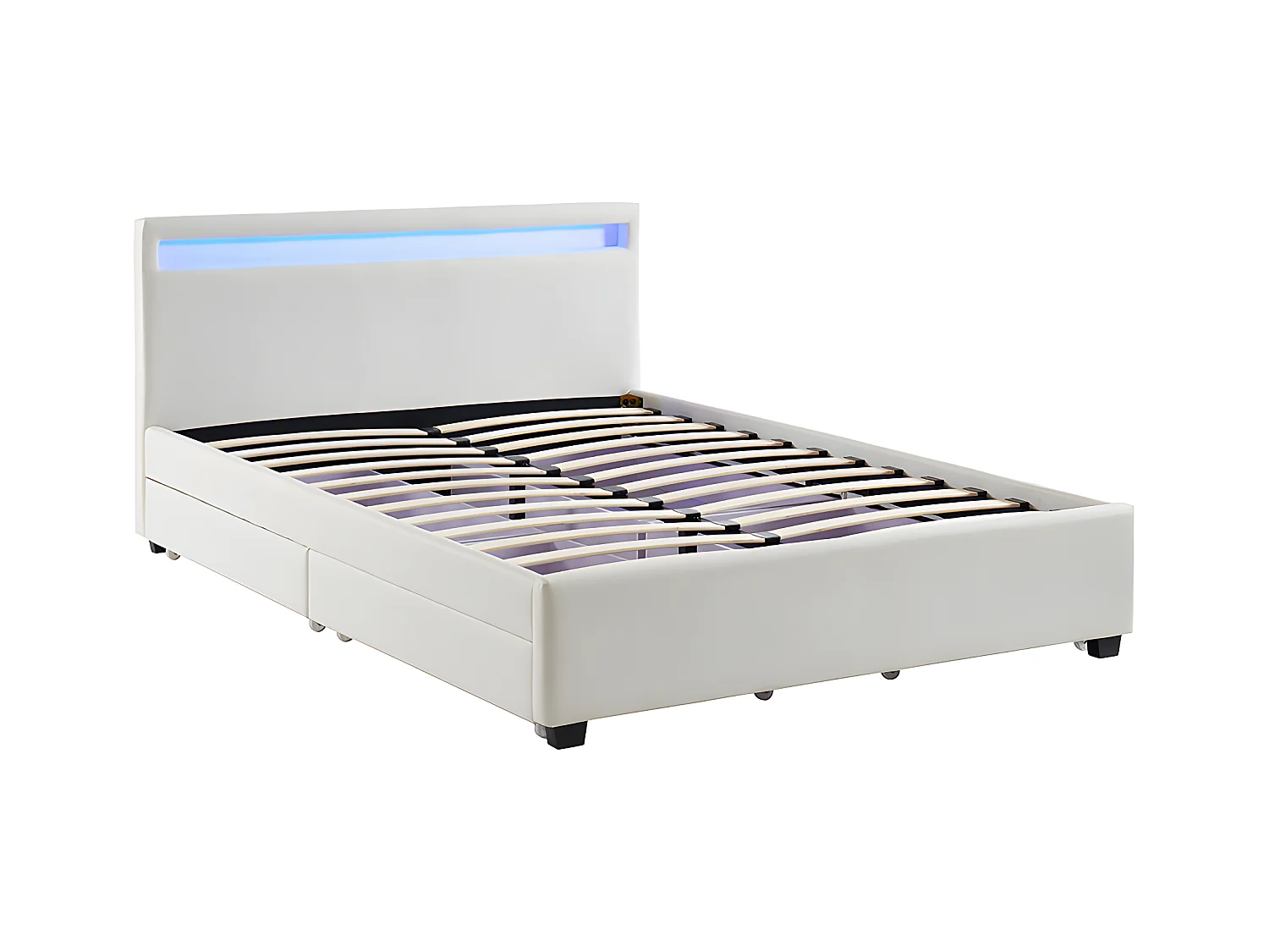 Seng 160 x 200 cm med opbevaring - Hvidt kunstlæder med LED-lys - ALOIS II