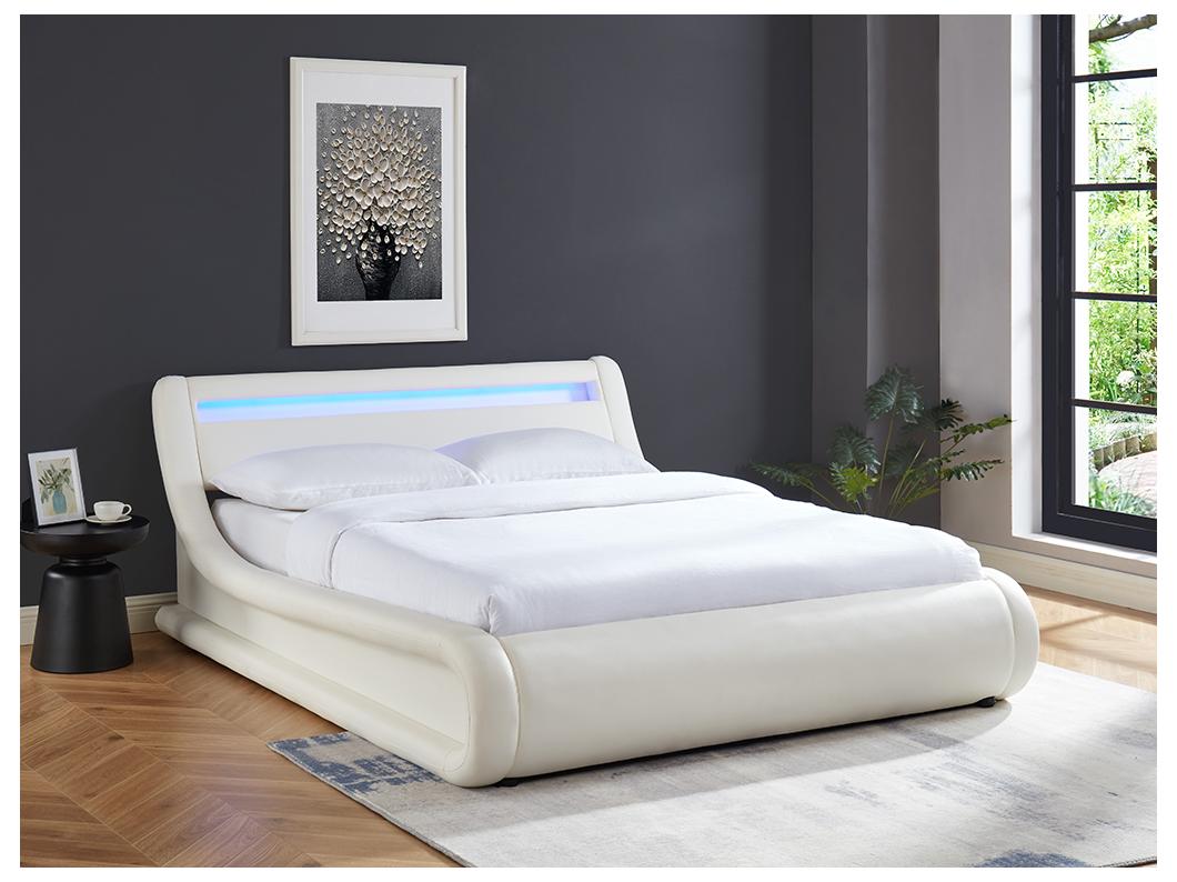 Bett mit Bettkasten & LEDs - Kunstleder - 160 x 200 cm - Weiß - IRIS