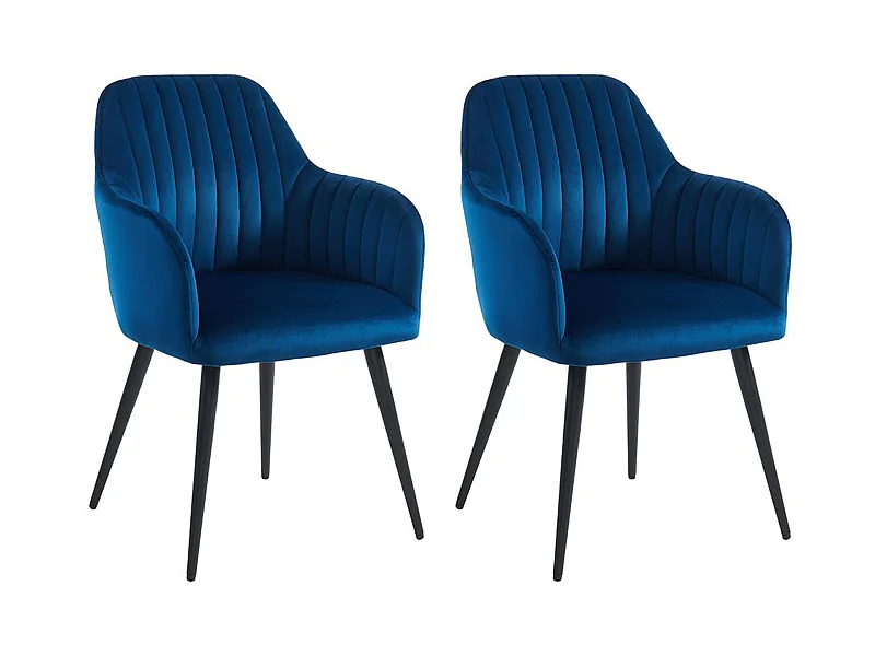 Lot de 2 chaises avec accoudoirs en velours et métal noir - Bleu - ELEANA