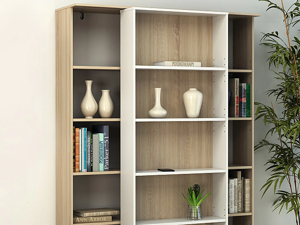 Bibliothèque coulissante avec 18 niches - Naturel et blanc - PRALI