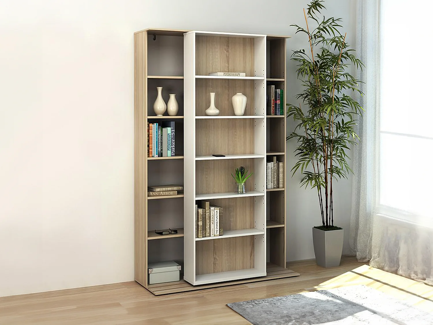 Bibliothèque coulissante avec 18 niches - Naturel et blanc - PRALI