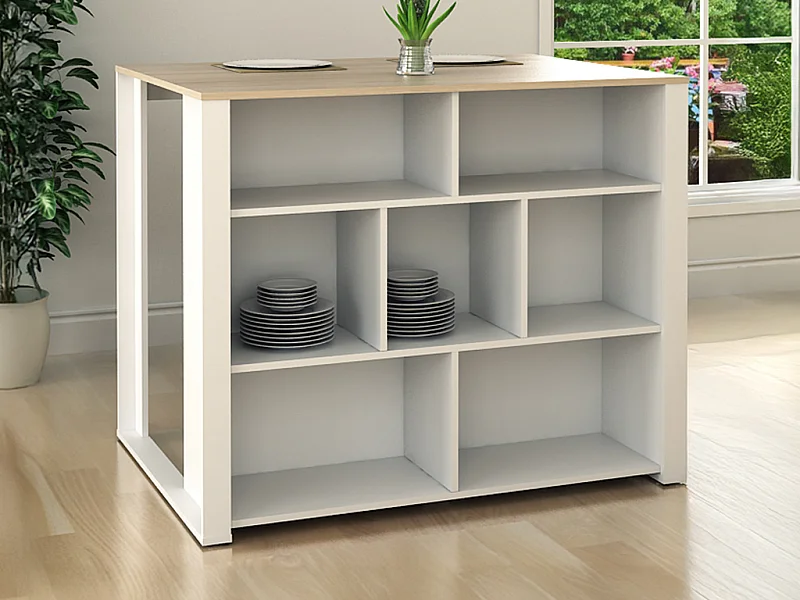 Ilot central de cuisine avec 7 niches - Blanc et naturel - OPOLE