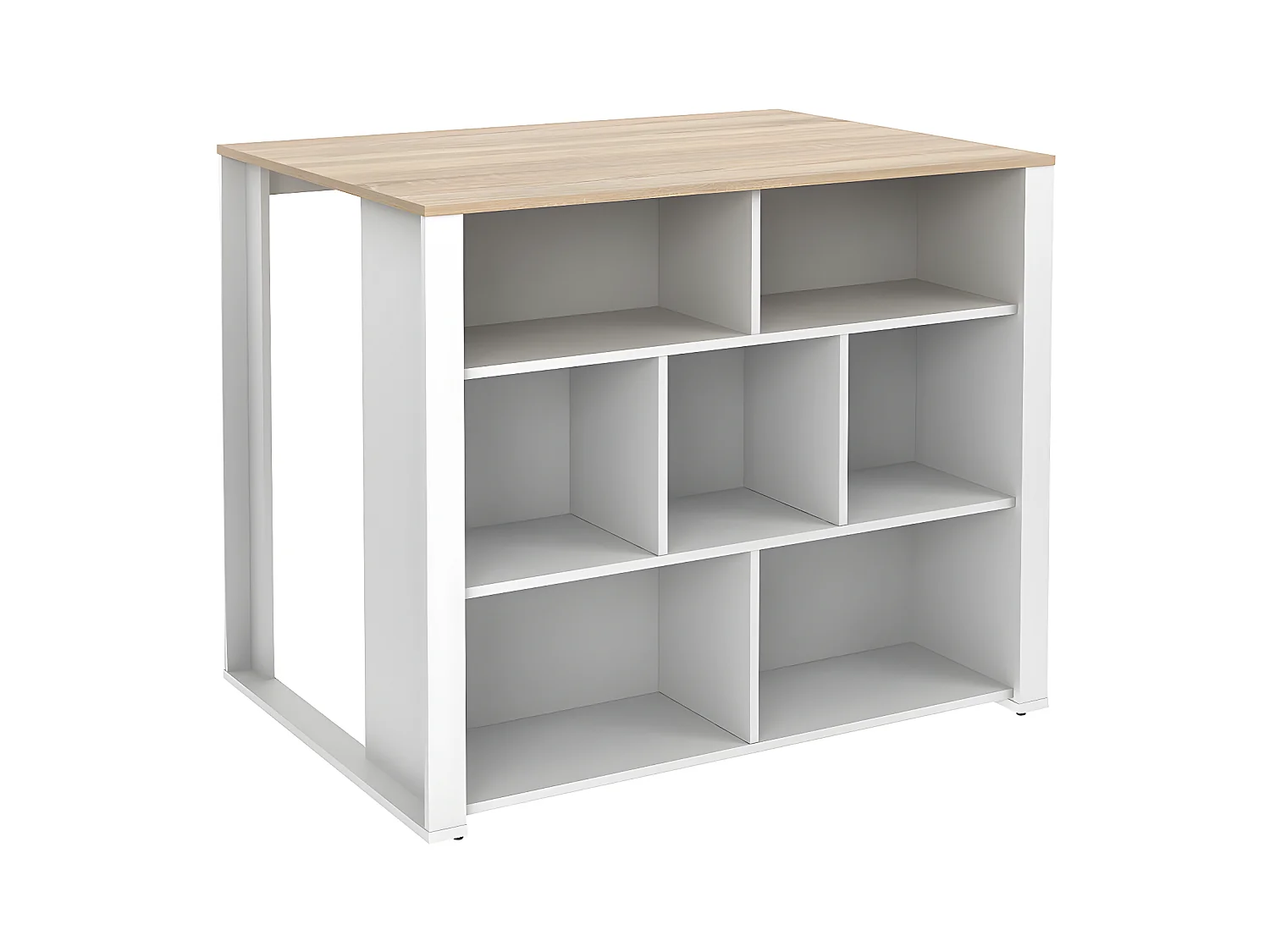 Isla de cocina OPOLE con compartimentos - 7 estantes - Blanco y roble