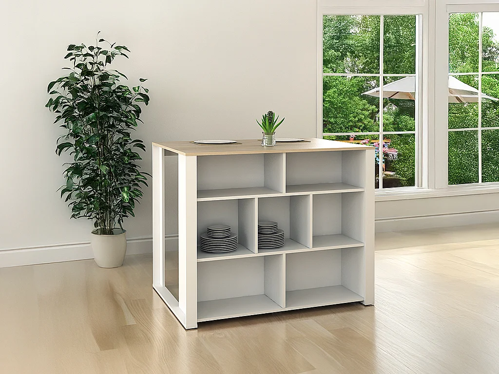 Isola centrale da cucina con vani portaoggetti 7 nicchie Bianco e Rovere - OPOLE