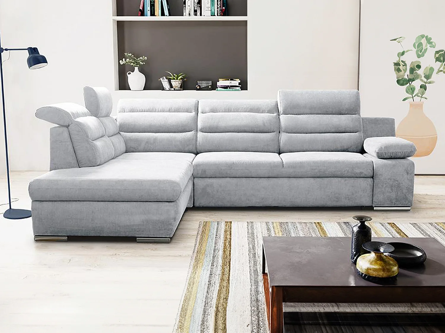 Canapé d'angle convertible en tissu PYLOS - Gris clair - Angle gauche