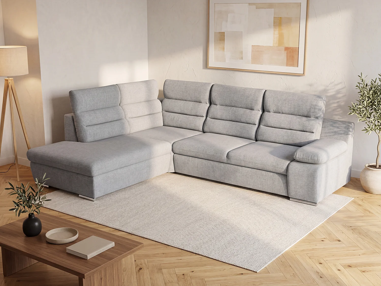 Canapé d'angle convertible en tissu PYLOS - Gris clair - Angle gauche