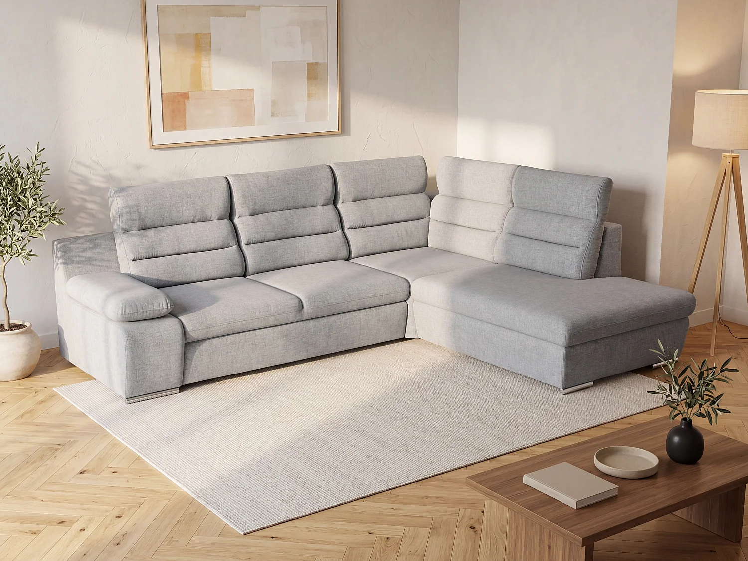 Sofá de canto convertível tecido cinza-claro, canto direito - PYLOS