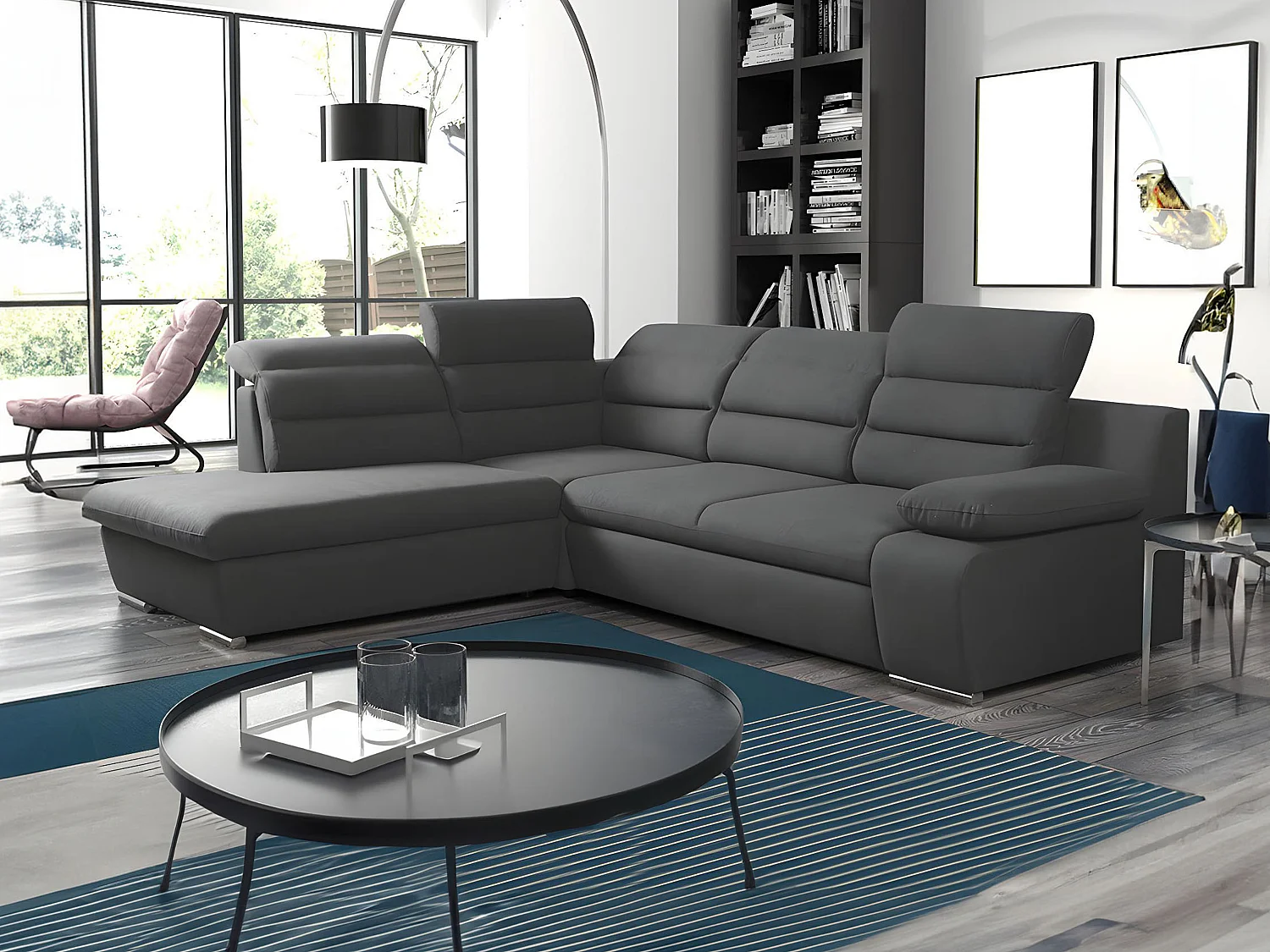 Canapé d'angle convertible en tissu PYLOS - Anthracite - Angle gauche
