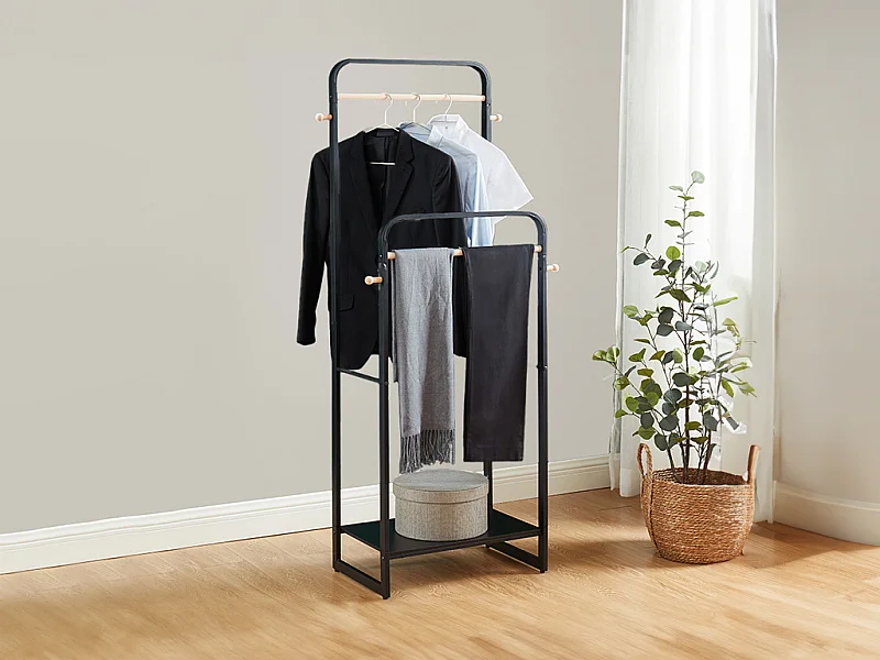 Portant vêtements double - L65 cm - Métal noir et bois de hêtre - SELIN
