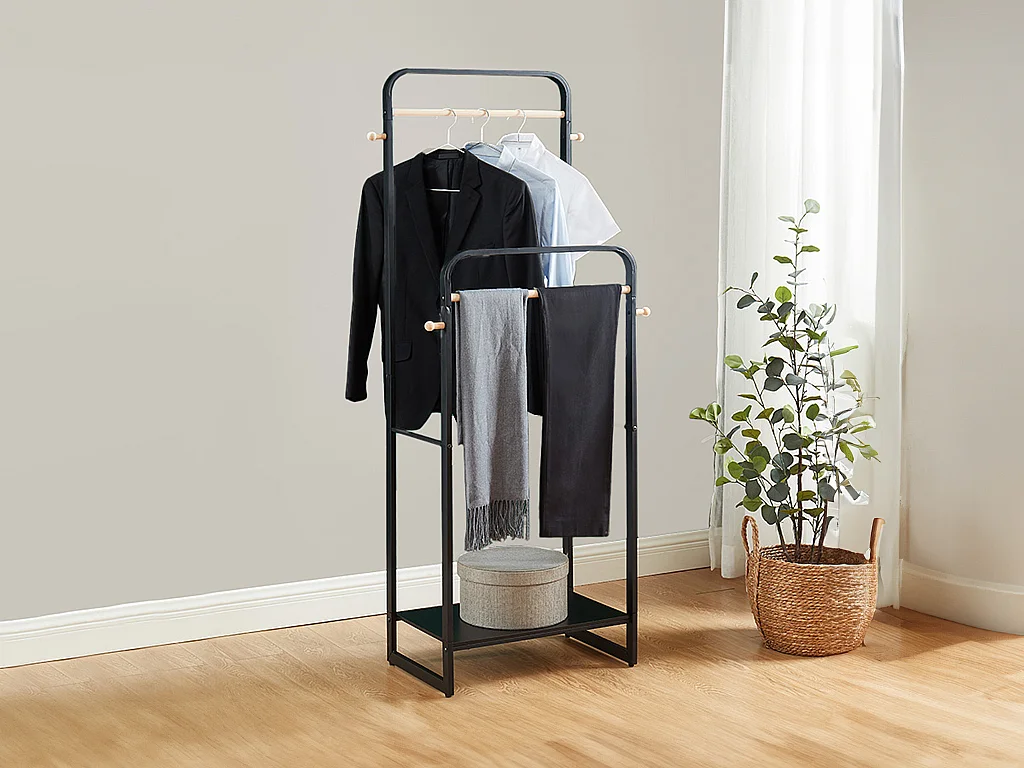 Portant vêtements double - L65 cm - Métal noir et bois de hêtre - SELIN