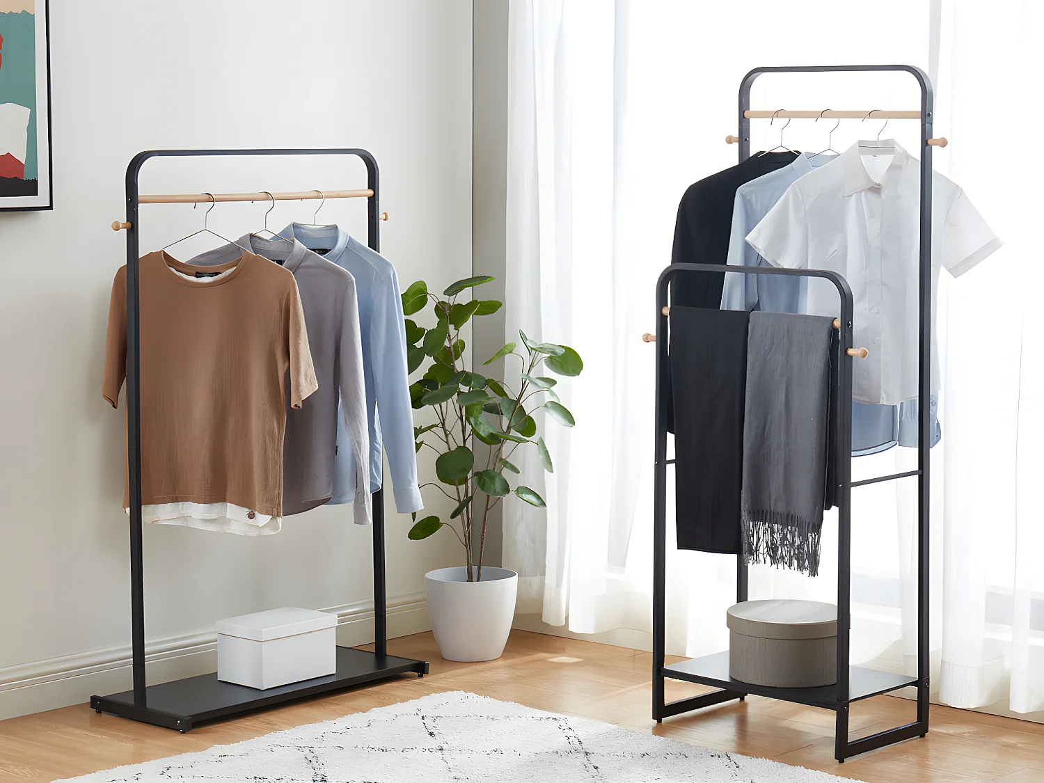 Kleiderständer - H. 90 cm - Schwarzes Metall & Buchenholz - SELIN