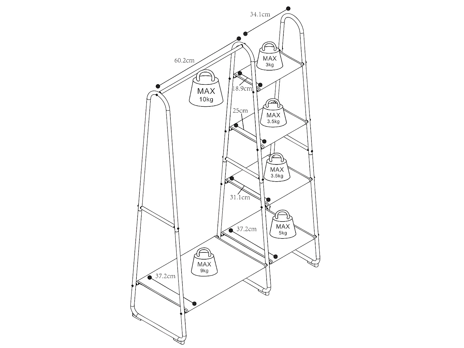 Kleiderständer mit 5 Ablagen - H. 100 cm - Weißer Metall & Buchenholz - DOGU